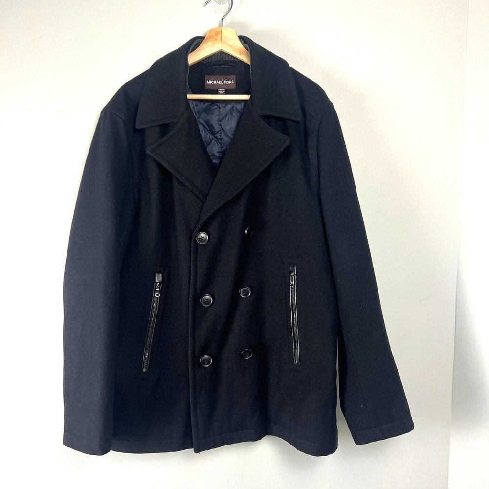 Michael Kors Mens M Black Wool Blend Double Breasted Pea Coat Jacket Preppy
